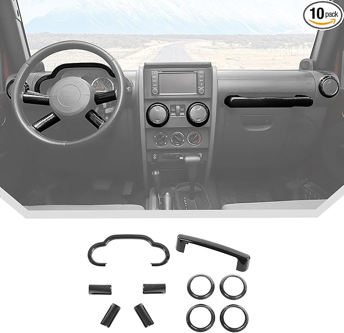 JeCar 10pcs for Jeep Wrangler Interior Trim Kit Carbon Fiber Interior Accessories for 2007-2010 Jeep Wrangler JK JKU Sahara Sport Rubicon & Unlimited