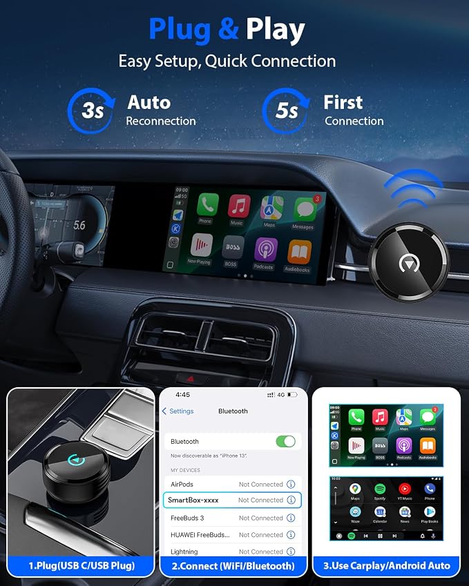 Ultra Mini Circular Wireless CarPlay & Android Auto Adapter, 3-5s Fast Auto Reconnect, Aluminum Alloy Vent Design, 2-in-1 CarPlay Wireless Adapter for iOS & Android with USB A/C Port (Black)