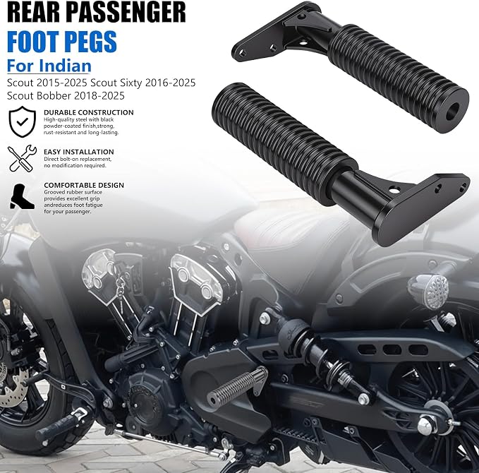 Motorcycle Rear Passenger Foot Pegs Fit for Indian Scout 2015-2025, Scout Sixty 2016-2025, Scout Bobber 2018-2025, Foot Rests Pedal, Motorbike Footpegs Replacement Parts