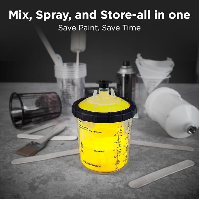 InoKraft Disposable Paint Spray Gun Cup, 3 Cup Size 6 oz, 22 oz, 28 oz Variety Pack Set, 3 Pack Liners and Lid Strainers of Each Size, 3 Hard Cups, Paint System for HVLP LVLP Spray Gun with Adapter