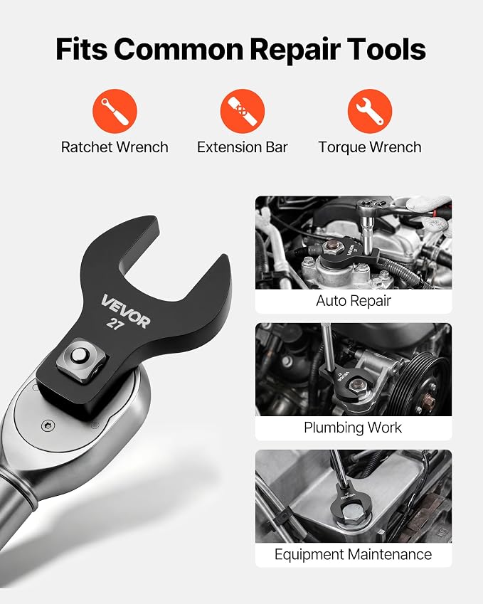 VEVOR Crowfoot Wrench Set, 1/2" Drive, 14-Piece Metric 27 to 50 mm Crows Foot Wrenches, with Storage Tray, Dual Size Markings on Tools and Tray, for Auto Maintenance or Repairs