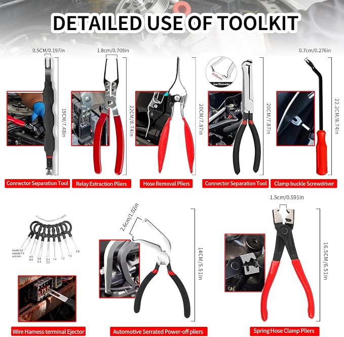 Electrical Disconnect Pliers Kit, 8Pcs Auto Kit: Connector/Hose/Plug Pliers, Pin Remover, Separator, Spring Clamp, U-Clip Pry Bar & Hose Removers for Car & Home Repairs. Great Gift & DIYers w/Case