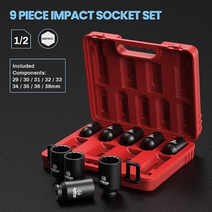 Anbull 1/2" 9 PCS Deep Axle nut Impact Socket Set, CR-Mo Steel, 12-Point Design, Metric Sizes(29, 30, 31, 32, 33, 34, 35, 36, 38mm)