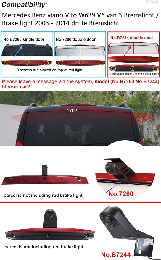 Third 3rd Brake Light Reversing Camera Brake lamp Parking Camera Replacement for Mercedes Benz Viano Vito W639 Van 3 VW Crafter Dritte 3 ab Transporter+4.3" Reverse Mirror