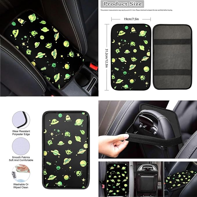 Alien Moon UFO Star 8Pcs Car Accessories Full Set with Seat Cover + Steering Wheel Cove + Seatbelt Pads and Center Console Cover for Women Menl, Universal & Stretchy Fit SUV Truck Sedan Van