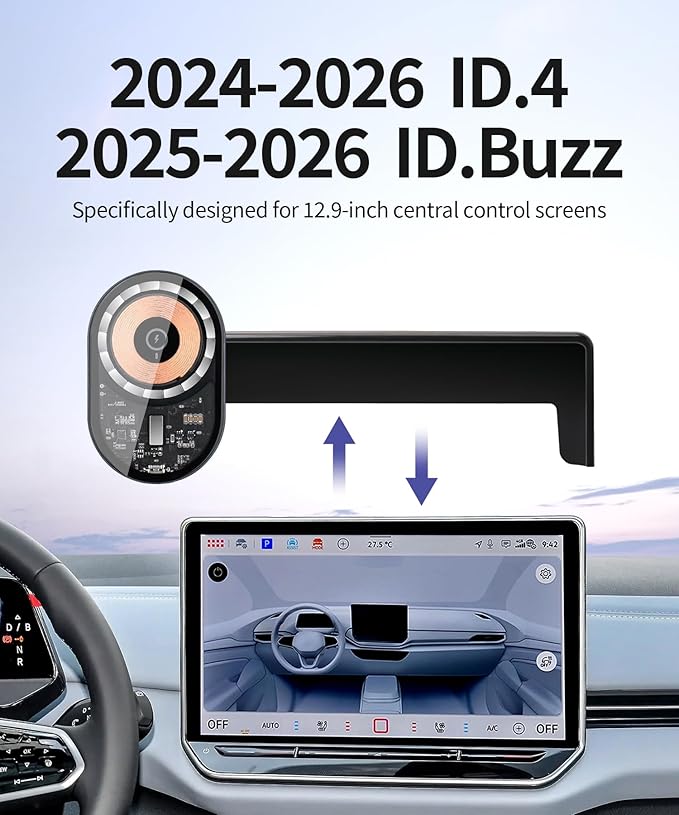 Wireless Charging Car Phone Holder for Volkswagen ID.4 2024-2026 / ID.Buzz 2025-2026, 12.9" Screen Fixed Clip, 360° Rotation Car Phone Mount Compatible with MagSafe