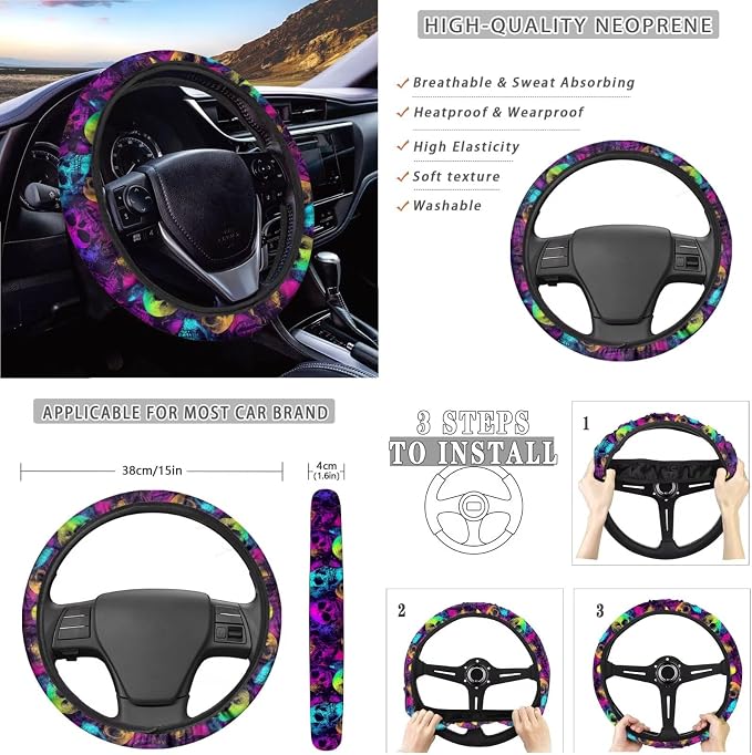 Skull Print 14Pcs Full Set Car Seat Covers with Accessories, High Back Car Front and Rear Seat Covers with Steering Wheel Cover Center Console Pad and Safety Belt Pads, etc