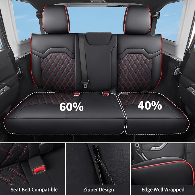 Huidasource 2018-2026 Wrangler Seat Covers 4 Door, Custom Fit Wrangler Seat Cover Protector Fit for Jeep Wrangler JL 4-Door Sahara, Rubicon, Sport, W/O Rear Cupholder (Full Set/Black&Red)