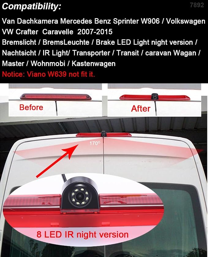 1280 * 720 Pixel Third Roof Brake Lamp Car Backup Camera Replacement for Mercedes Benz W906 W907 W910 316 CDI Sprinter Viano Vito Transit Ducato VW Crafter T5 Master Waterproof Night Vision