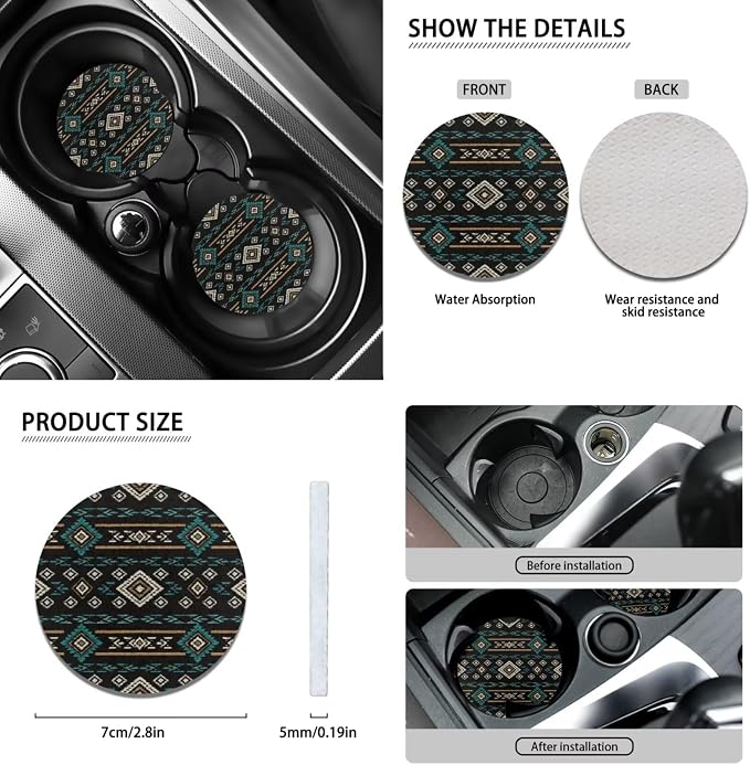 Wanyint Car Seat Cover Set 11 PCS for Men Women, with Soft Breathable Steering Wheel Headrest Cover Handbrake Gear Shift Knob Cover Coasters, Southwest Aztec Black Blue