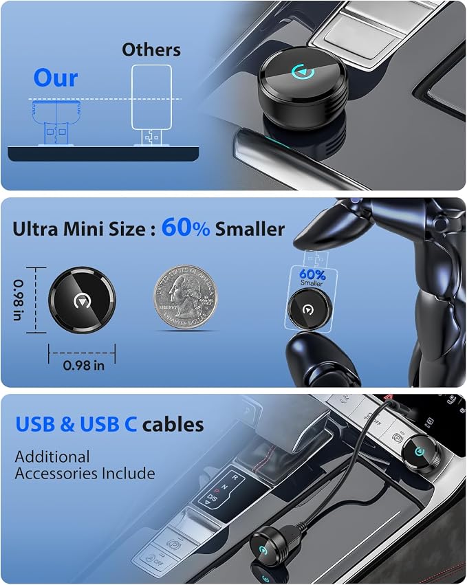 Ultra Mini Circular Wireless CarPlay & Android Auto Adapter, 3-5s Fast Auto Reconnect, Aluminum Alloy Vent Design, 2-in-1 CarPlay Wireless Adapter for iOS & Android with USB A/C Port (Black)