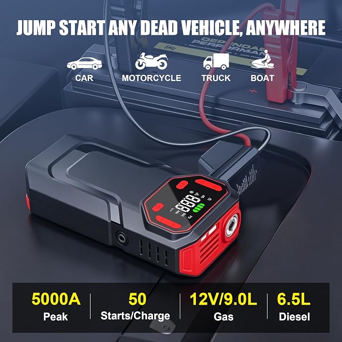MT21 Jump Starter with Air Compressor,12V Battery Booster Pack(10L Gas/8L Diesel) with 5000A–Spark-Proof & Reverse Polarity Protected,150PSI Portable Jump Box & Tire Inflator with LED Light
