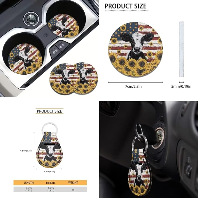 12 Pcs Cow Sunflower American Flag Car Seat Covers Full Set for Women Men,Independence Day Patriotic USA Flag Auto Seat Protection +Steering Wheel Cover+Keyring Armrest Pads+Seatbelt Pads