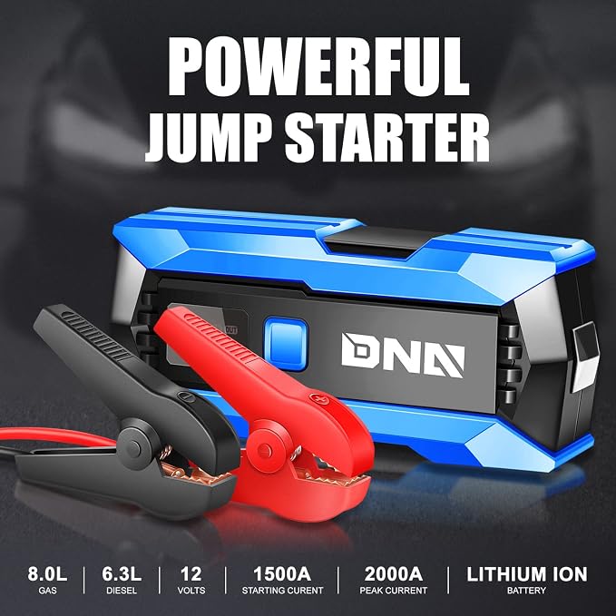 DNA Motoring 12V 2000A Peak Multi-Function Portable Car Battery Jump Starter for Up to 8.0L Gas / 6.3L Diesel Engine, with Carry Case,Blue/Black, TOOLS-00277
