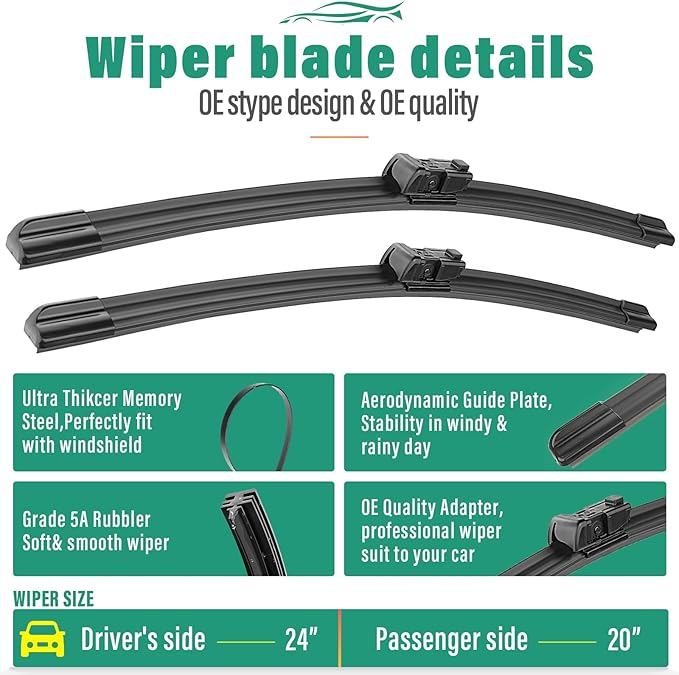 24" 20" 12" Windshield Wiper Blades Replacement for Ford Mustang Mach-E 2021 2022 2023 2024 2025 Mustang Mache Premium All Weather Front Rear Wipers Set - OEM Quality (Pack of 3)