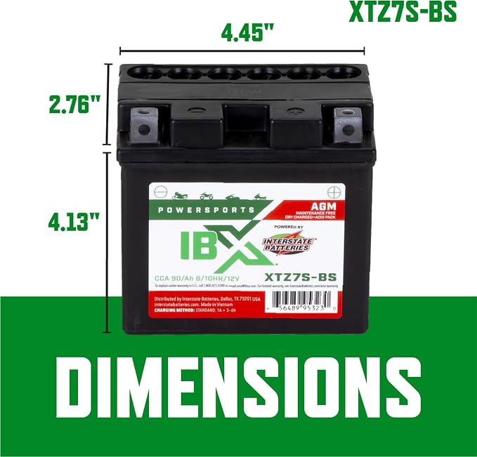 Interstate Batteries YTZ7S-BS 12V 6Ah Powersports Battery 90CCA AGM Rechargeable Replacement for Honda, Kawasaki, Yamaha Motorcycles, Scooters, ATVs (XTZ7S-BS)