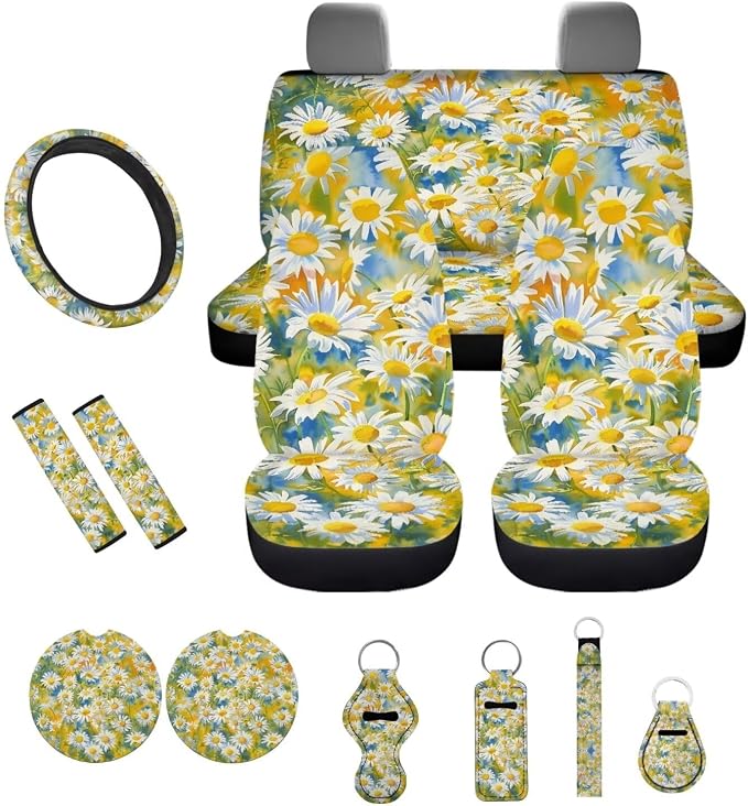 Car Seat Covers 13PCS Car Accessories Steering Wheel Covers+Seat Belt Pads+Coaster+Key Ring+Lipstick Holder Auto Interior Decor,Black, Colored Daisy Floral Print