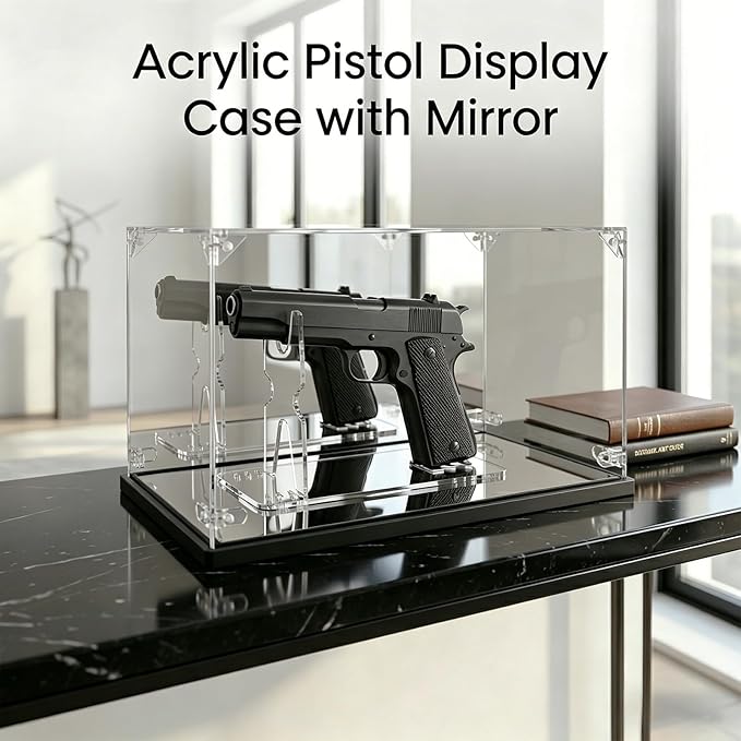 Premium Acrylic Pistol Display Case with Dual Mirrors - UV Protection & Dustproof Handgun Showcase with Adjustable Stand & Sleek Black Base, Universal Fit for Most Pistol Models (11.6x4.5x7 Inch)