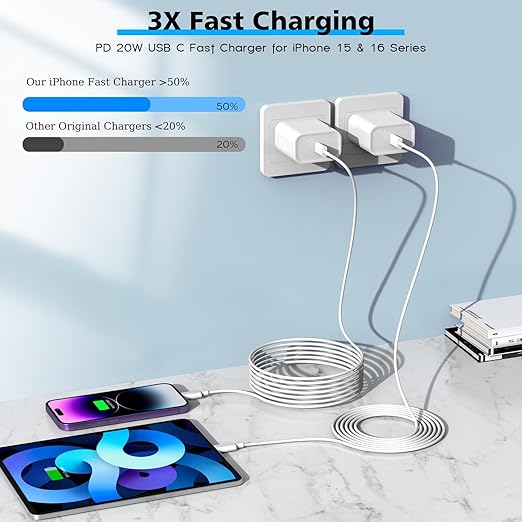 iPhone 17 16 15 Charger Fast Charging, 2Pack 20W Apple Type C Wall Charger Travel Block with 6FT Long USB C to USB C Fast Charging Cable Cord for iPhone 17/17Pro/Pro Max/17 Air/16 15 Pro/Pro Max, iPad