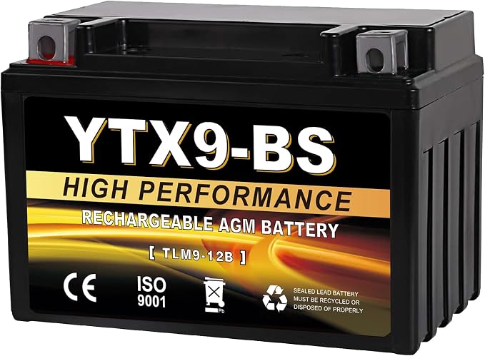 YTX9-BS 12V 9Ah AGM Sealed Motorcycle Battery, Maintenance-Free, Compatible with Honda Polaris Suzuki, Replacement for YTX9-BS, ETX9, GTX9-BS