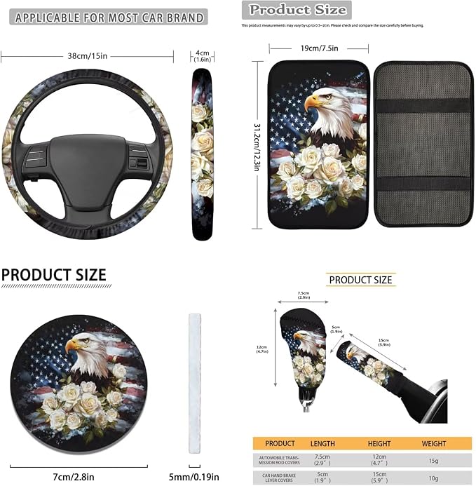Lotusorchid Eagle Rose Print Car Seat Covers Full Set American Flag Print Front and Rear Seat Cover with Safety Belt Pads Armrest Pad Gear Shift Lever Protector Cup Coaster for Truck Sedan SUV