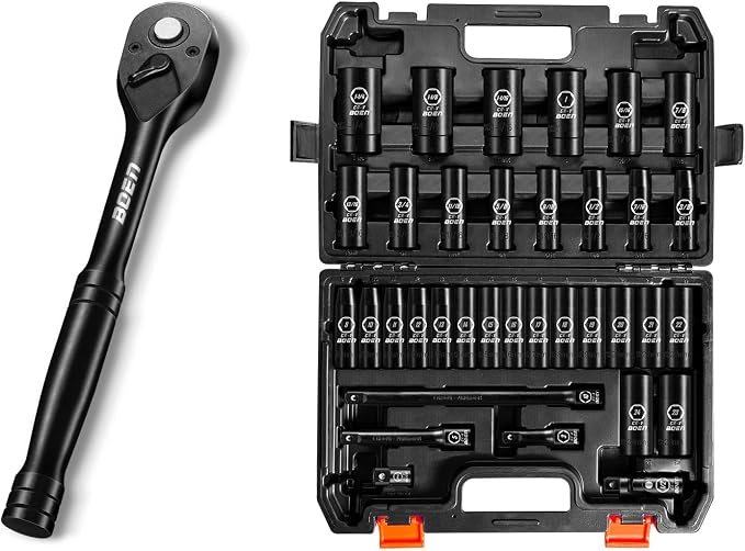 BOEN 35-Piece 1/2" Drive Deep Impact Socket Set - SAE 3/8"-1-1/4" & Metric 8-24mm + 1/2" Drive Ratchet Wrench