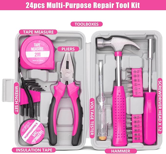 Car Roadside Emergency Kit, Vehicle Truck Safety Emergency Road Side Assistance Kits with Jumper Cables, Auto Air Compressor Tire Inflator, Pink