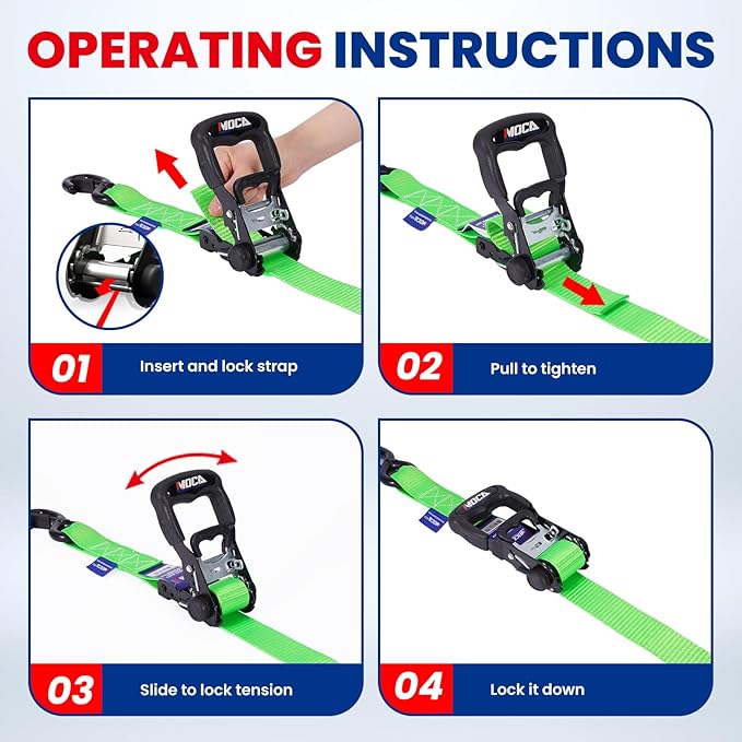 MOCA Green Heavy Duty Ratchet Tie Down Straps - 5,200 Lbs Breaking Strength 1.6" x 8', with 4 Heavy Duty Ratchet Padded Handles & Coated Chromoly S Hooks & 4 Soft Loop Tie-Downs (Green)
