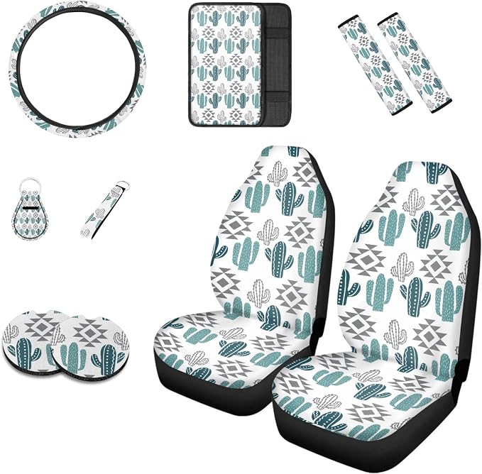 Howilath Aztec Ethnic Tribes Cactus Pattern Car Front Seat Cover Accessories 10pcs Center Console Cover and Flower Steering Wheel Covers for Women Men