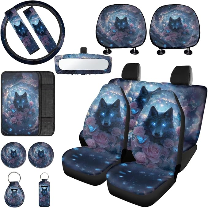 Wolf Rose Butterfly Auto Seat Protector Full Set Decorative Car Accessories Set 15 Pack, Non Slip Car Steering Wheel Covers Armrest Pad Shoulder Strap Protector, Blue