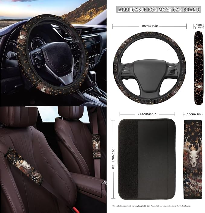 Dear Maple Leaf American Flag Print 15PCS Auto Interior Sets Car Front Rear Seat Covers Steering Wheel Cover Seat Belt Cover Keychain Trash Can Air Vent Storage Bag Mirror Cover