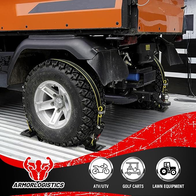 4Pack UTV Wheel Chock Tie-Down Kit, 2 in x 8 ft Heavy Duty Trailer Tire Straps, 4400lb Max Break Strength E Track System for ATV, UTV, SXS, Mower and More (Black)