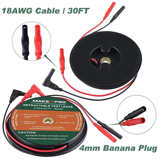Retractable Test Leads 2 Wires 30FT 18AWG 10 in 1 Kit with Cable Bag and Multimeter Probe Alligator Clips Test Probe for Circuit Connection Electrical Testing and Troubleshooting