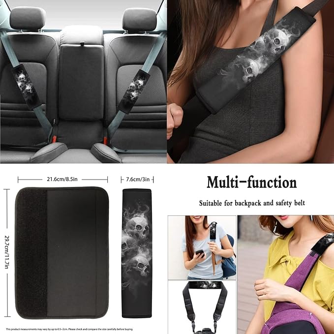 Goth Skull Car Seat Covers Full Set 8 Pcs Car Accessories for Women Front Seat Cover Steering Wheel Armrest Cover Seat Belt Cover for Auto SUV Interior Decoration