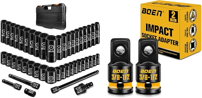 boen 45PCS 1/2” Drive Metric Socket Set + 2PCS 3/8"F to 1/2"M Impact Socket Adapter Set