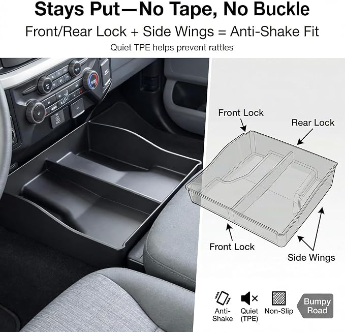 Center Console Floor Organizer for 2015-2026 Ford F150 & 2017-2026 F250 F350 F450 Super Duty Accessories, Beach Seat Front Storage Box Tray, Interior Accessories for f-150 (Jump Seat ONLY)