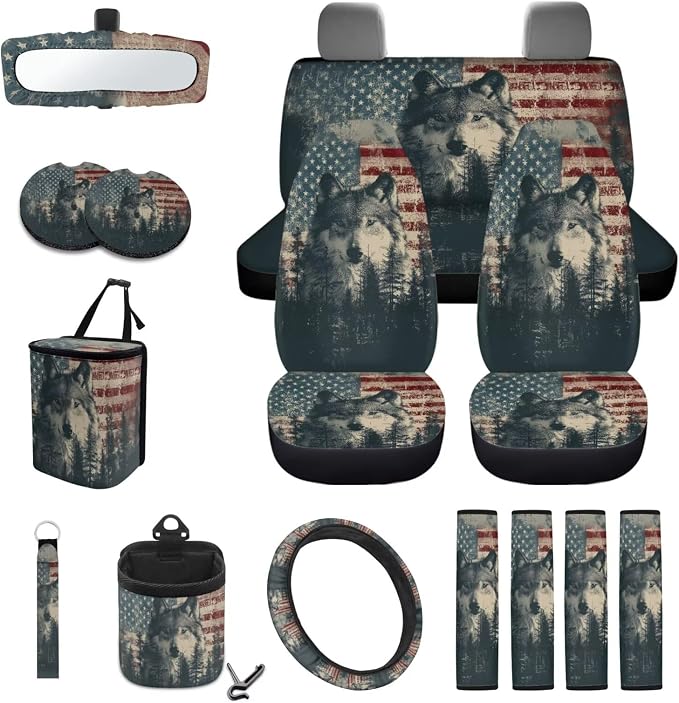 Wolf American Flag Forest Pattern Bucket Seat Rear Split Bench Cover Steering Wheel Cover Car Trash Bin Keychain Coasters Seat Belt Covers 15pcs Car Accessories