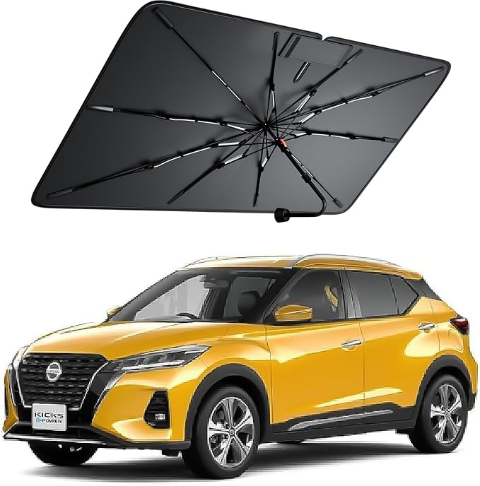 Windshield Sun Shade for Nissan Kicks 2018–2026, Foldable Umbrella Sunshade with 100% UV Block, Multi-Layer Heat Insulation, Reinforced 10-Rib Frame, Keeps Car Cooler, Summer Car Accessory