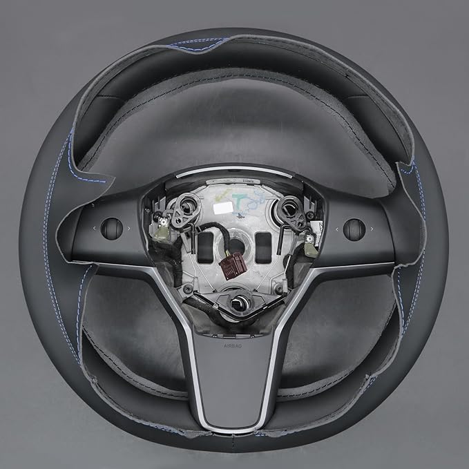 MEWANT Hand Stitch Black Smooth Faux Leather Steering Wheel Cover Wrap for Tesla Model Y 2020-2023 Model 3 2017-2023