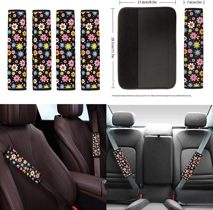 18Pcs Groovy Flower Car Seat Set - Steering, Headrest, Console, Handbrake, Seat Belt, Coaster & Keychain Covers