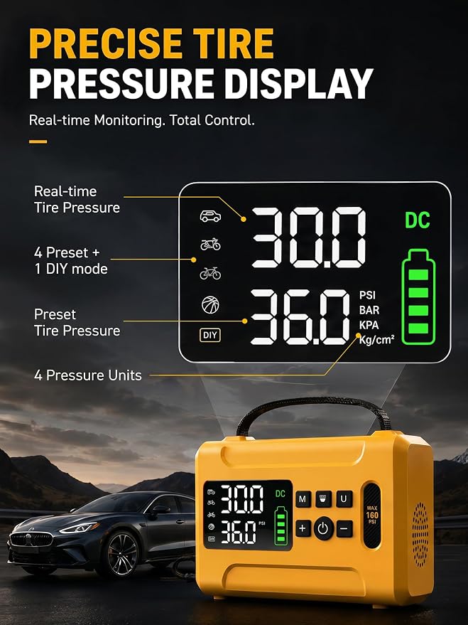 Tire Inflator Portable Air Compressor 160 PSI Air Pump for Car Tires 6000 mAh & 12V DC Powered Fast 24L/min, Digital Tire Pressure Gauge, LED Lights, 5 Modes Auto Shut-off (Yellow, 6000 mAh)