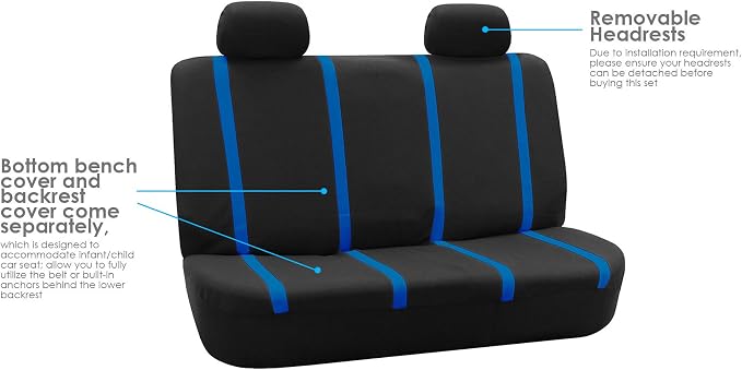 FH Group Automotive Seat Covers Unique Flat Cloth Blue Full Set, Combo Steering Wheel Cover and Seat Belt Pads Rear Solid Bench Universal Fit for Vans Cars Trucks and SUV Interior Accessories