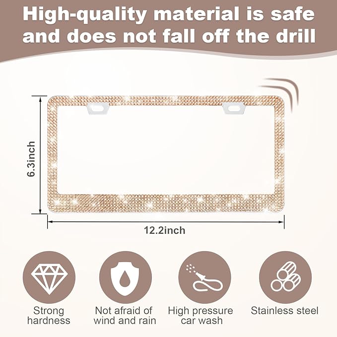 QUANQIUFEI 2 Pack Bling License Plate Frames for Women, Sparkly Rhinestone Diamond Car Accessories with Glitter Crystal Caps (Champagne)