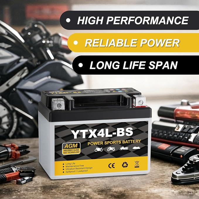 YTX4L-BS Motorcycle Battery 12V 3Ah, 70 CCA Sealed AGM Rechargeable Maintenance Free Battery, Replacement for ATV, 50cc Scooter, Dirt Bike