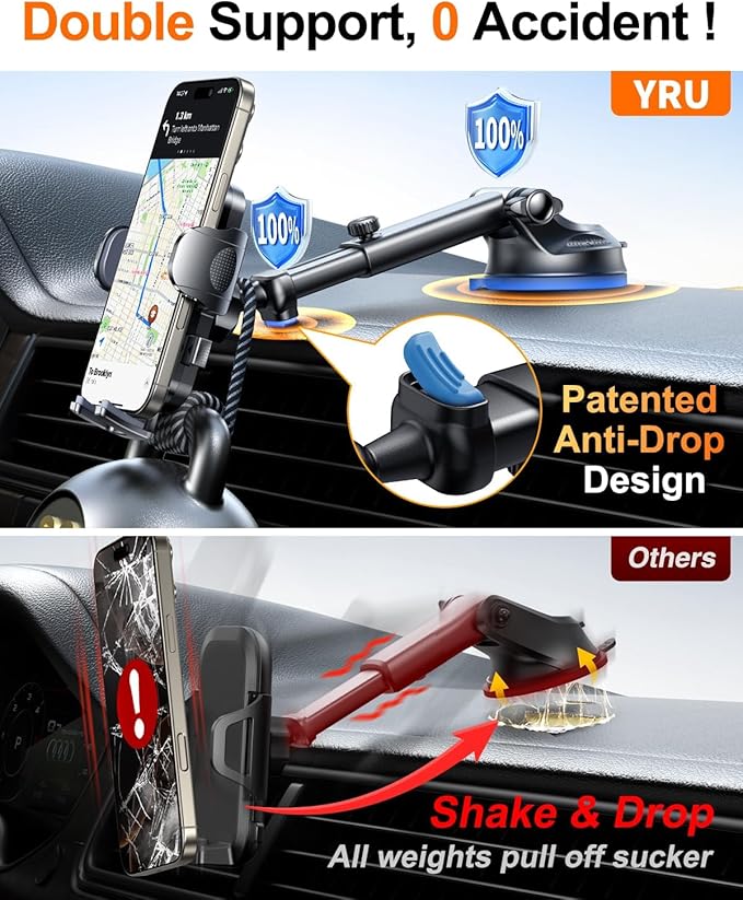 YRU True Military-Grade [360° Rotation Suction] 2026 Ultimate Car Phone Holder Mount 【90+LBS Safest Strongest & Patent Certs】 Dashboard Windshield Vent for iPhone 17 16 Pro Max Samsung, Jet Black