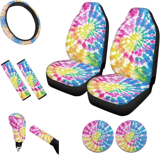 Tupalatus 9 Pcs Colorful Tie-Dye Car Seat Covers Front Seats Steering Wheel Cover Auto Seat Belt Cover Gear Shift Cover Hand Brake Cover Coasters for Cup Holders Universal Fit Car Accessories