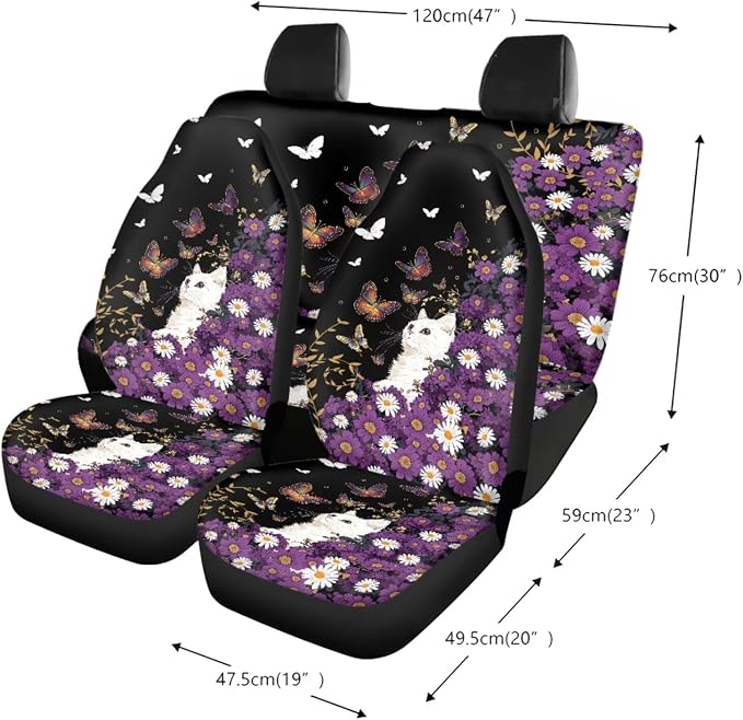 Cat Daisy Butterfly Print Auto Seat Covers Full Set, Car Accessories Set of 13, 1 Piece Steering Wheel Cover,4 Pieces Seat Belt Cover, 4 Pieces Cup Holder Coasters for Women Men