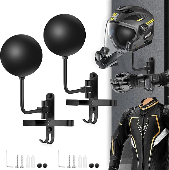 Kikerike Motorcycle Helmet Rack Wall Mount 180 Degree Rotation Metal Bike Helmet Holder Mount Bicycle Helmet Display Hanger Stand with 2 Hooks for Motorcycle Bike Baseball Rugby Helmet - 2 Pack