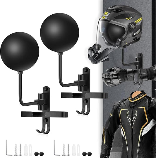 Kikerike Motorcycle Helmet Rack Wall Mount 180 Degree Rotation Metal Bike Helmet Holder Mount Bicycle Helmet Display Hanger Stand with 2 Hooks for Motorcycle Bike Baseball Rugby Helmet - 2 Pack
