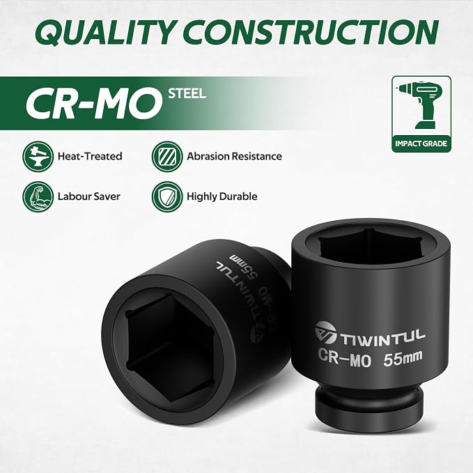 55mm Impact Socket 1-Inch Drive for European Truck & Vehicle | 6 Point Design,CR-MO Metric Socket for High Torque Impact Wrench, Large Socket for Mining, Industrial & Infrastructure Work